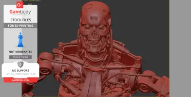 A detailed, red 3D model of a T-800 Terminator endoskeleton upper body and head.