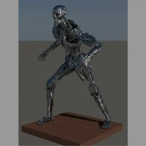 Robotic endoskeleton model in a dynamic pose on a display base.
