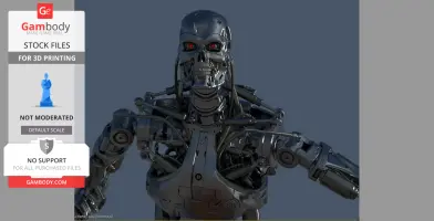 A detailed 3D model of a Terminator T-800 Endoskeleton for 3D printing, showing mechanical parts.