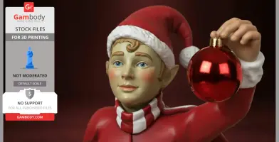 A festive elf holding a shiny red ornament, wearing a Santa hat and red outfit with a striped scarf.