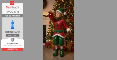 A festive elf in red and green attire holds an ornament in front of a decorated Christmas tree.