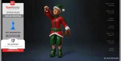 A festive elf in red and green attire holds a shiny red ornament.