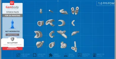 Scattered 3D printable elf body parts on a blue grid layout for assembly, from Gambody.