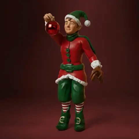 A festive elf in red and green attire holds a shiny red ornament, wearing a Santa-style hat.