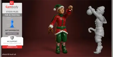 A life-size elf figurine in festive attire holding a red ornament, ready for 3D printing.