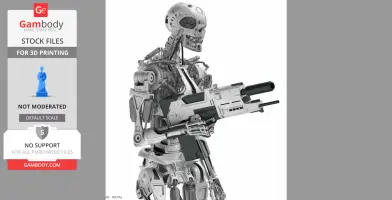 Futuristic robot skeleton holding a large sci-fi weapon, designed for 3D printing.