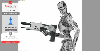 A detailed 3D model of a T-800 endoskeleton from 'Terminator,' holding a futuristic weapon.