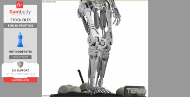 A detailed 3D model of a robot endoskeleton leg standing on a base with skulls and the word 'TERMINATOR.'