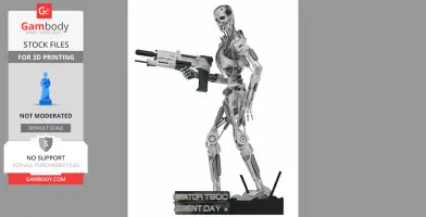 A 3D model of a T-800 endoskeleton from Terminator, holding a gun, on a display base.