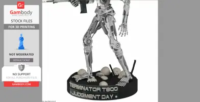 Terminator T-800 endoskeleton model standing on a base with skulls, labeled 'Judgment Day.'