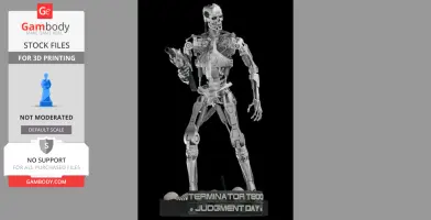 A detailed 3D model of the Terminator T-800 endoskeleton, holding a gun, with a 'Judgment Day' base.