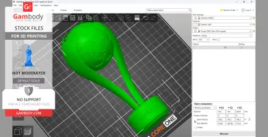 A 3D model of the Saudi Super Cup Trophy displayed in green on a 3D printing software interface.