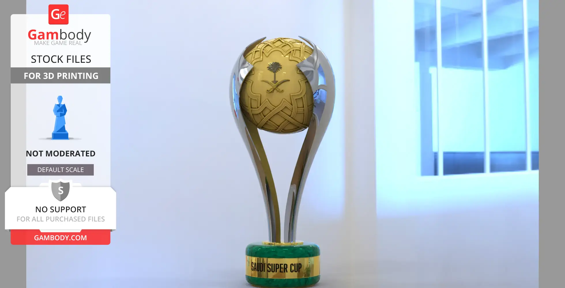A sleek trophy with a golden globe featuring a palm and swords, labeled 'Saudi Super Cup' on a green base.