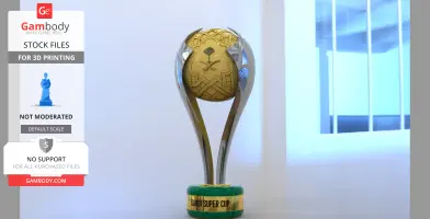 A sleek trophy with a golden globe featuring a palm and swords, labeled 'Saudi Super Cup' on a green base.