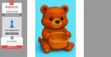 A cute teddy bear holding an empty basket, designed for 3D printing.