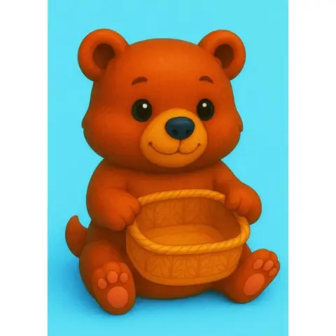 Cute teddy bear holding an empty gift basket, seated with a smile on a blue background.