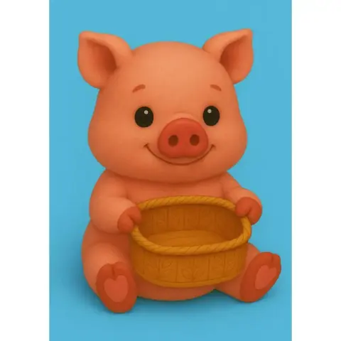 Cute cartoon pig with a big smile, holding an empty gift basket, ready for 3D printing.