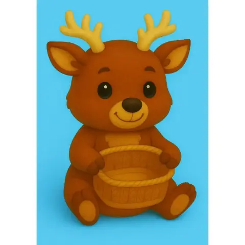 Cute cartoon deer holding a woven gift basket, sitting against a bright blue background.