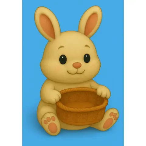 Cute cartoon bunny holding an empty basket, sitting and smiling, with a blue background.