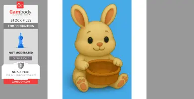 A cute cartoon bunny sitting with a decorative, empty basket.