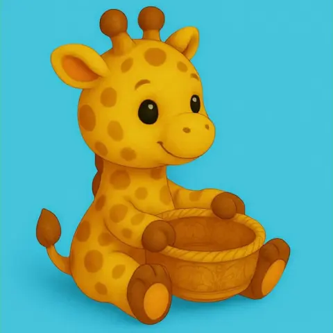 A cute, cartoonish giraffe sitting while holding an empty gift basket.