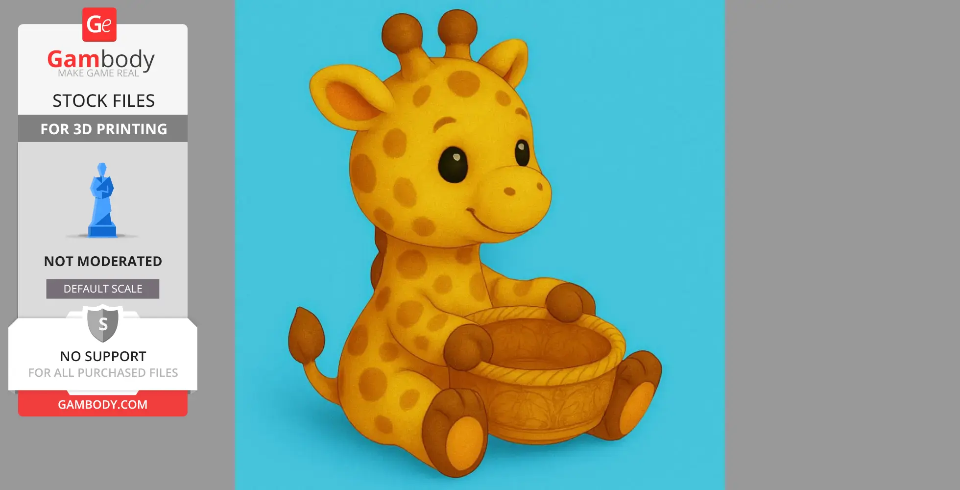 A cute cartoon giraffe is sitting and holding an empty basket on a blue background.