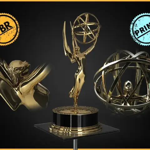Golden Emmy Award 3D model featuring a winged figure holding an atom, presented on a black base.