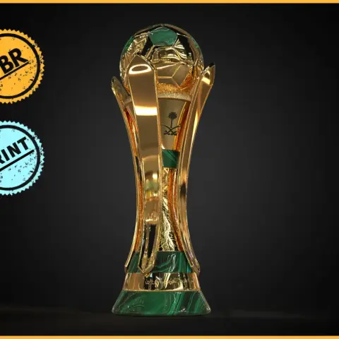 Gold and green trophy with a soccer ball on top, featuring a sleek, curved design.