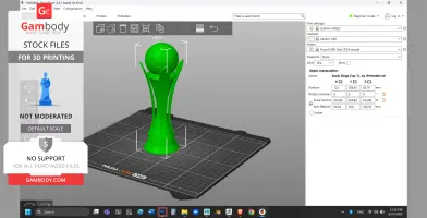 Green 3D model of the Saudi King's Cup Trophy on a digital print bed in slicing software.