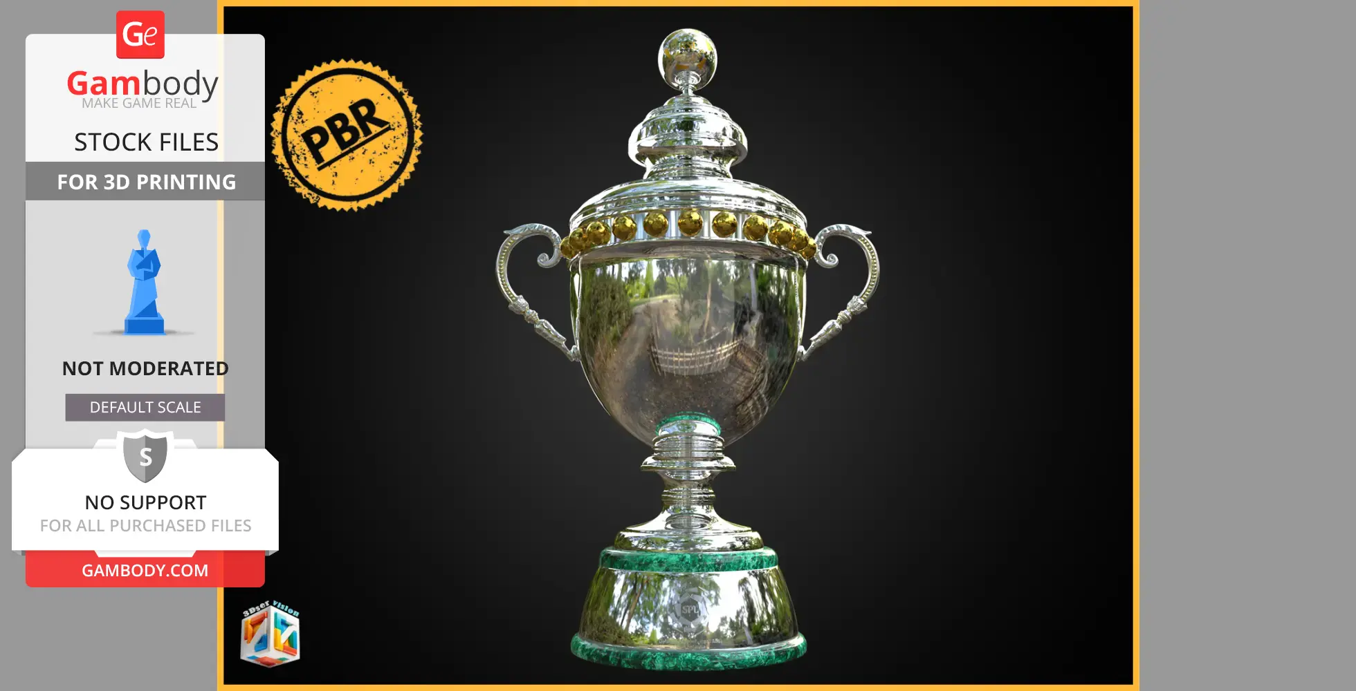 A reflective silver trophy with ornate handles and gold accents, designed for 3D printing.