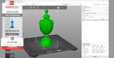 A 3D model of a decorative cup trophy on a base, shown in a 3D printing software interface.
