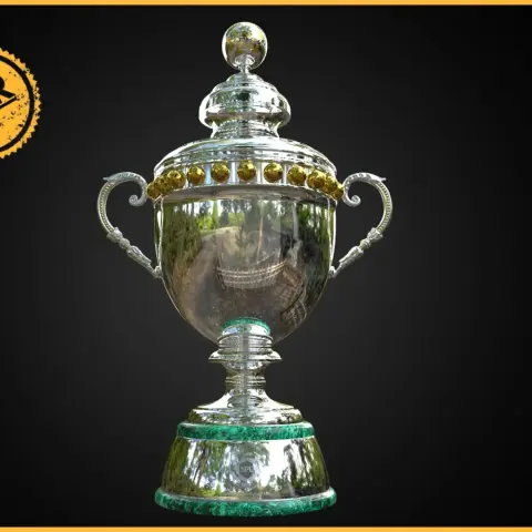 Silver trophy with ornate handles and green accents, designed for 3D printing.