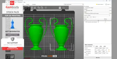 Two green 3D models of iconic football trophies, one engraved, displayed on a grid background.