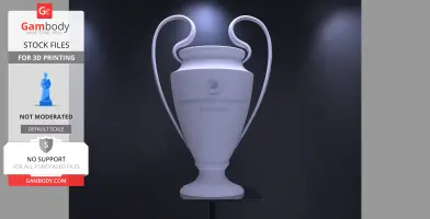 A 3D model of a large, iconic football trophy with curved handles, featuring engraved text.