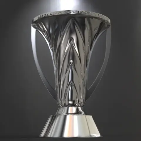 A sleek silver trophy with curved handles and engraved 'Champions League' on top, set against a dark background.