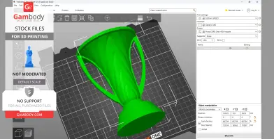 3D model of a green, modern trophy design displayed in a 3D printing software.