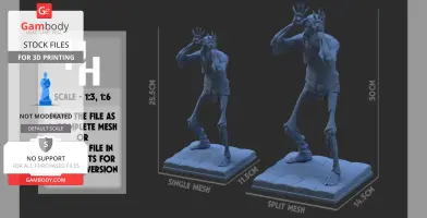 A slender, eerie creature with hands raised near its face, standing on a stone-textured base.