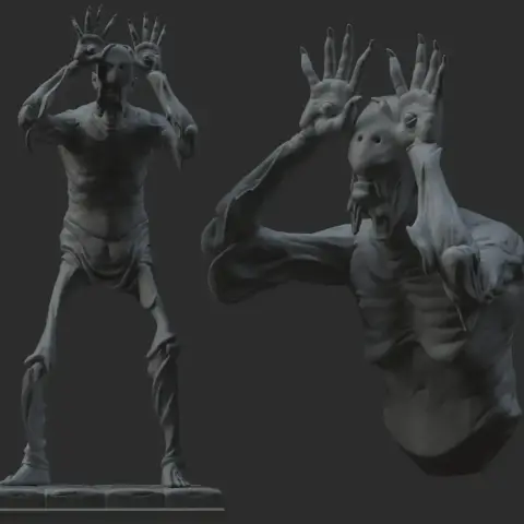 Creepy humanoid figure with elongated limbs and hands raised to face, from Pan's Labyrinth, for 3D printing.
