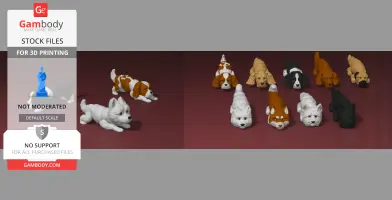 A collection of small, 3D-printed dog figures in various colors, displayed on a flat surface.