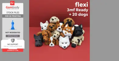 A collection of 3D-printed dog heads in various breeds and colors on a red background.