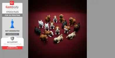 Assorted 3D-printed miniature dogs in various poses on a red background.