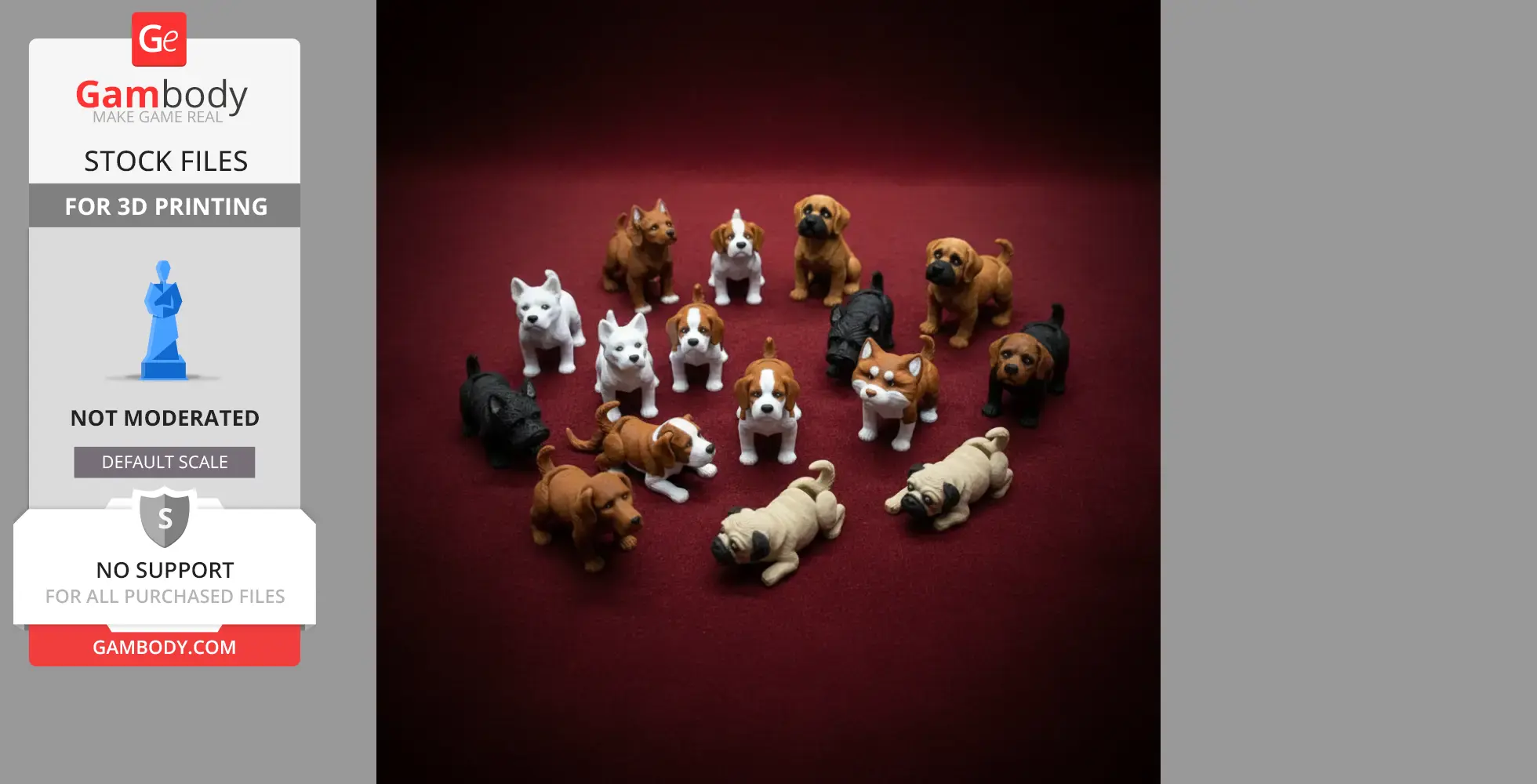 Assorted 3D-printed miniature dogs in various poses on a red background.