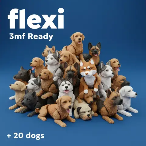 A group of 3D-printed dog models showcasing various breeds in a pyramid arrangement.