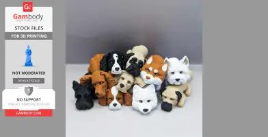 A collection of 3D-printed dog heads, showing various breeds and expressions.