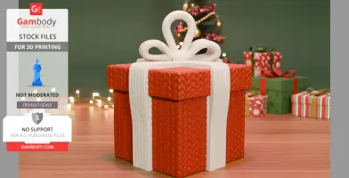 A 3D-printed gift box with a knitted texture design, topped with a white bow, set on a festive background.