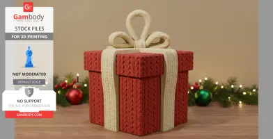 A 3D-printed gift box with a knitted texture, featuring a red body and white ribbon bow.