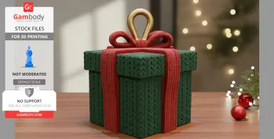 Knitted texture gift box with red ribbon and golden loop on a wooden surface, holiday decor in background.