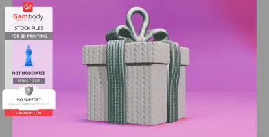 A 3D-printed gift box with a knitted texture and bow, set against a pink background.