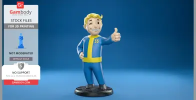A smiling character in a blue jumpsuit with yellow accents gives a thumbs-up on a round base.