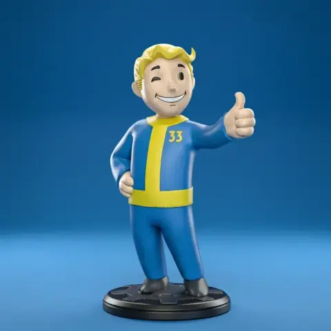 Smiling cartoon figure in a blue jumpsuit with '33,' giving a thumbs-up on a circular base.